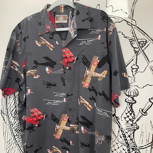 Hawaiian Shirt Vintage Kalaheo Size Medium Gray Button Up Hawaiian War Airplanes