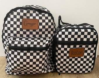 Personalisierter Kinderrucksack und Lunchpaket, Lederaufnäher, schwarz-weiß kariert, individuell anpassbar, Schulanfang, einfarbig schwarz