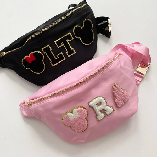 Jumbo Fanny Pack; Personalized Women's & Teen Gift, Nylon, Varsity Letters, Patches, Disneyland Accessory