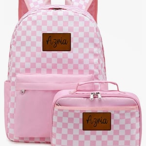 Sac à dos et lunch personnalisés pour enfants, écusson en cuir, carreaux roses et blancs, personnalisation, retour à l'école