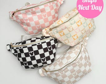 Jumbo Fanny Pack; Disney Black and White Check, Nylon, Disneyland Accessory, Colored Checkered, Belt Bag