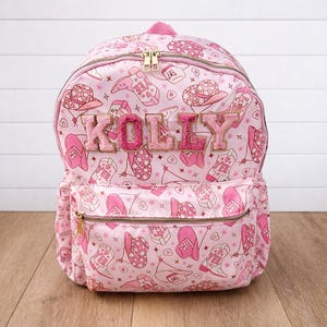 Kids Pink Rodeo Cowgirl Backpack, Chenille Letter Customization, 16" Elementary Sized