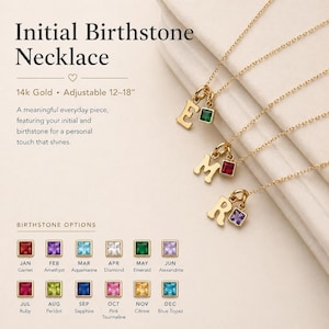 May include: Gold initial birthstone necklaces with adjustable chains, ranging from 30 to 46 cm. Each necklace features a letter pendant and a birthstone. The image also displays a chart of birthstone options.