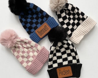 Personalized Checkered Kids Beanie, Leather Patch, Customize, Cold Weather, Christmas Gift