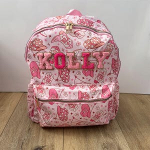 Sac à dos rose Rodeo Cowgirl pour enfants, lettres chenille, à personnaliser, rentrée des classes, taille école primaire 16 pouces