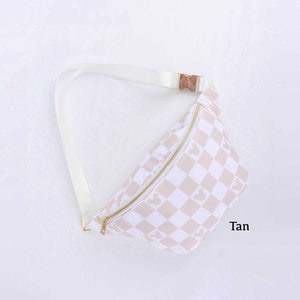 May include: Tan fanny pack with a checkered pattern featuring Mickey Mouse silhouettes. The bag has a gold zipper and buckle, and a white adjustable strap. The word "Tan" is printed on the lower right corner.