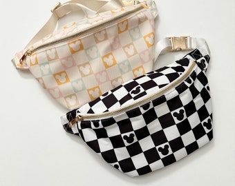 Jumbo Fanny Pack; Disney Black and White Check, Nylon, Disneyland Accessory, Colored Checkered, Belt Bag