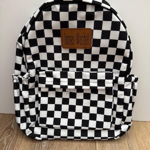 Mini sac à dos personnalisé pour tout-petit ou adulte et déjeuner pâle, écusson en cuir, carreaux noirs et blancs, personnalisation, retour à l'école