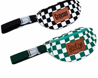 Personalized Checkered Kids Fanny Pack, Leather Patch, Customize,