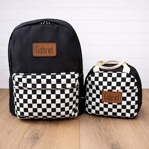 Personalized Kids Backpack and Lunch Pale, Black Check Leather Patch, Back to School