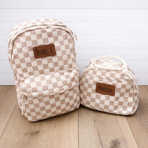 Personalized Kids Backpack and Lunch Pale, Leather Patch, Tan Checkered Corduroy, Customize, Back to School,