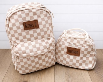 Personalized Kids Backpack and Lunch Pale, Leather Patch, Tan Checkered Corduroy, Customize, Back to School,