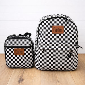 Personalized Kids Backpack and Lunch Pale, Leather Patch, Black and White Check, Customize, Back to School, Solid Black