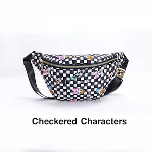 May include: Black and white checkered fanny pack with a gold zipper and black strap. The bag features colorful cartoon character designs. The text "Checkered Characters" is displayed below the bag.