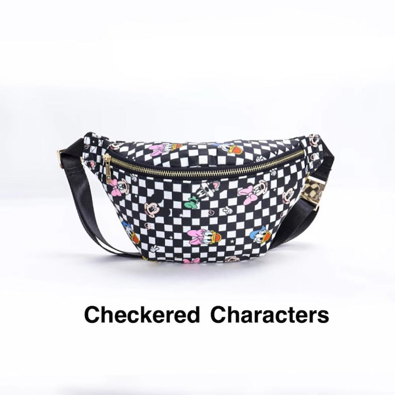 May include: Black and white checkered fanny pack with a gold zipper and black strap. The bag features colorful cartoon character designs. The text "Checkered Characters" is displayed below the bag.