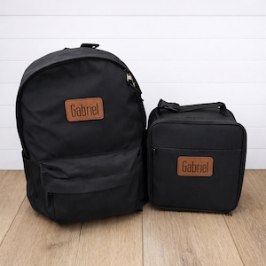 Gepersonaliseerde kinderrugzak en lunch bleek, leer, aanpasbaar, terug naar school, effen zwart