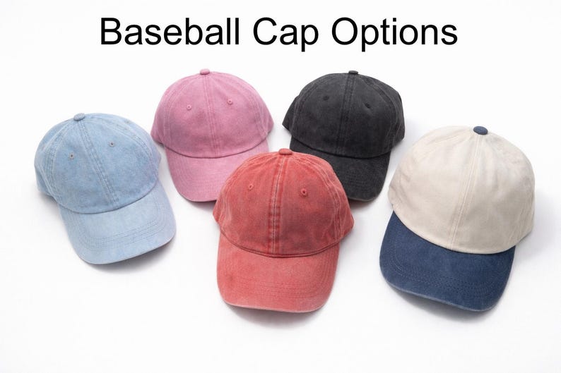 May include: Five baseball caps in various colors: light blue, pink, black, red, and cream with a navy blue brim. The text "Baseball Cap Options" is at the top. These caps are a classic accessory.