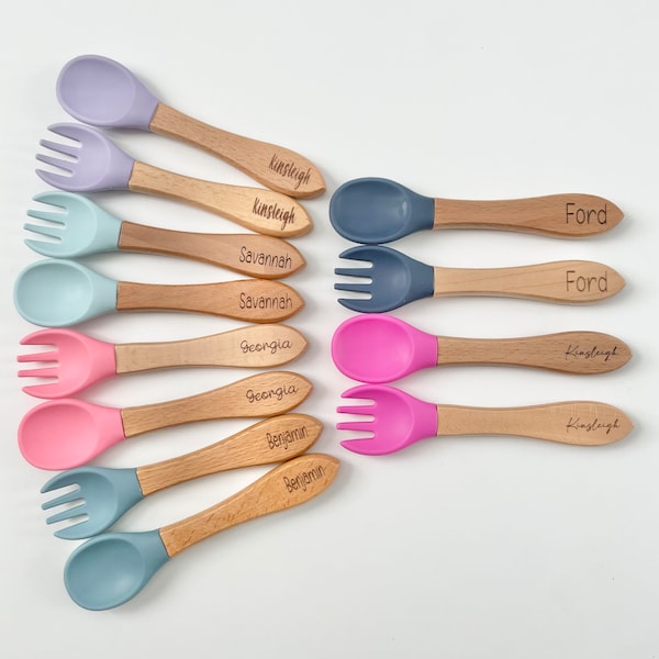 Personalized Engraved Wooden and Silicone weaning Spoon, Fork, Cutlery set, Personalized Spoon, Personalized baby fork, Toddler Spoon