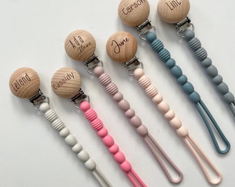 Personalized Wooden Engraved Silicone Pacifier Clip, Baby Shower Gift
