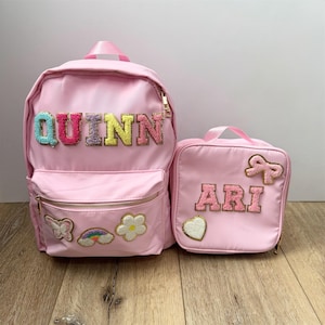 Sac à dos et panier à lunch personnalisés en nylon pour enfants, lettres chenille, rentrée des classes, sac à dos de 15 pouces pour école primaire, panier à lunch carré