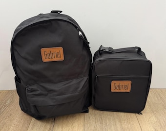 Personalized Kids Backpack and Lunch Pale, Leather, Customize, Back to School, Solid Black