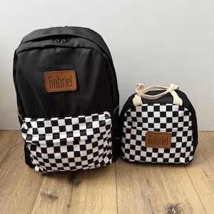 Sac à dos et lunch personnalisés pour enfants, écusson en cuir, motif à carreaux noir et blanc, personnalisation, retour à l'école, noir uni