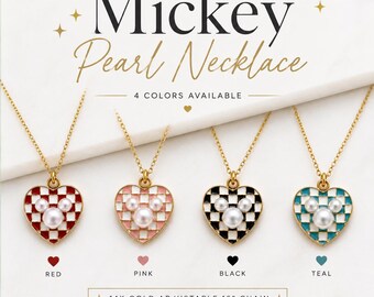 May include: Four gold necklaces with heart-shaped pendants featuring a checkered pattern in red, pink, black, or teal. Each pendant has a three-pearl design resembling a mouse head. Text reads: Mickey Pearl Necklace, 4 COLORS AVAILABLE, 14K GOLD ADJUSTABLE 16" CHAIN, PERFECT FOR ALL AGES.