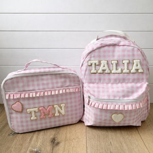 Personalized Kids Pink Gingham Backpack and Lunch Pale Set, Chenille Letters
