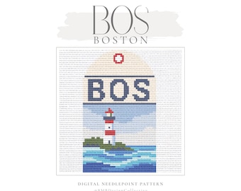 May include: A cross-stitch design featuring a lighthouse on a small island with blue water. The word "BOS" is above the lighthouse, with "BOSTON" below it. The design is a digital needlepoint pattern.