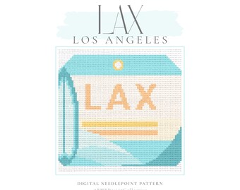May include: A digital needlepoint pattern featuring a stylized LAX Los Angeles airport tag design. The tag is primarily light blue with orange and tan accents, and the letters "LAX" are prominently displayed. The design includes the text "LAX Los Angeles" and "DIGITAL NEEDLEPOINT PATTERN @BMBDesignCollective".