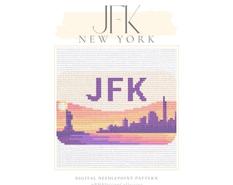 May include: Digital needlepoint pattern featuring a cross-stitch design of the New York City skyline at sunset. The design includes the text "JFK" in purple, with the city skyline in shades of purple and orange. The words "JFK" and "NEW YORK" are also present.