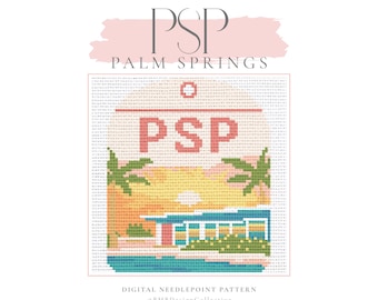 May include: A digital needlepoint pattern featuring a Palm Springs design. The image includes the text "PSP PALM SPRINGS" in a stylized font, along with a colorful illustration of a mid-century modern building, palm trees, and a sunset.