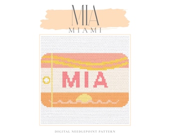 May include: Digital needlepoint pattern featuring the word "MIA" in pink, set against a peach and yellow background, with "MIAMI" above. The design includes a sunset graphic. Text at the bottom reads "DIGITAL NEEDLEPOINT PATTERN" and "@BMBDesignCollective".