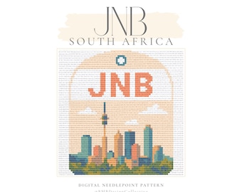May include: A digital needlepoint pattern featuring a pixelated skyline of Johannesburg, South Africa. The design includes the text JNB in orange, a tall tower, and various city buildings in shades of blue, orange, and green against a peach sky.