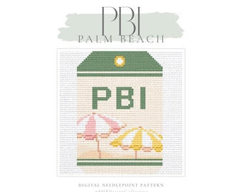 May include: Digital needlepoint pattern featuring a design with the letters "PBI" in green, with "PALM BEACH" above. Two beach umbrellas, one pink and one yellow, are below the letters. The pattern is on a white background.