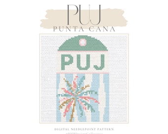 May include: A digital needlepoint pattern featuring the text "PUJ PUNTA CANA" in a stylized font. The design includes a palm tree and vertical blue stripes. The pattern is in shades of green, pink, and beige.