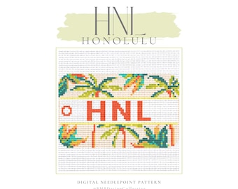 May include: Digital needlepoint pattern featuring the letters "HNL" in orange, with "Honolulu" above. Palm tree designs in green, yellow, and orange are above and below the letters. The pattern is on a white background.