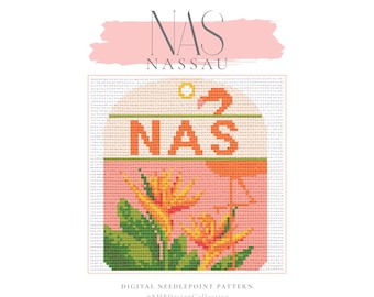 May include: A digital needlepoint pattern featuring the word "NASSAU" in orange block letters, with a flamingo and tropical flowers. The design includes the text "NAS" and "NASSAU" in a stylized font, set against a pink background.