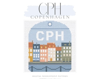 May include: A digital needlepoint pattern featuring a cross-stitch design of Copenhagen city buildings along a waterfront. The image displays the text CPH COPENHAGEN at the top and CPH within the blue sky area of the stitched scene, with a grid background.