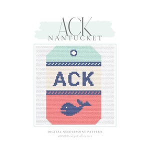 May include: A digital needlepoint pattern featuring a rectangular design with the text "ACK" in navy blue. The design includes a whale and the word "Nantucket". The color scheme includes shades of blue, pink, and cream.
