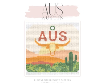 May include: Digital needlepoint pattern featuring the word "AUS" above "AUSTIN" in a stylized font. The design includes a longhorn silhouette over a desert landscape with cacti and a sunset in shades of orange, green, and yellow.