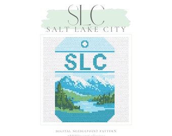 May include: A digital needlepoint pattern featuring a stylized landscape of Salt Lake City. The design includes the text "SLC" in light blue, with a mountain and lake scene below. The text "SALT LAKE CITY" is above the design.