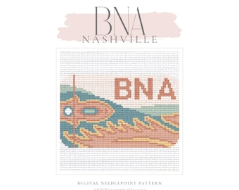 May include: Digital needlepoint pattern featuring a stylized design with the letters "BNA" in a peach color, set against a blue and peach background. The word "NASHVILLE" is above the design. The pattern is on a white background.