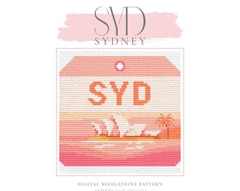 Patrón de punto de aguja para etiqueta de equipaje del aeropuerto de Sídney, Australia (SYD) (descarga en PDF) / Malla 18 x 4 / Lienzo imprimible