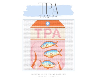 May include: Digital needlepoint pattern featuring a Tampa design. The design includes the letters "TPA" and "TAMPA" in a stylized font, along with three fish. The color palette includes shades of orange, blue, and pink.