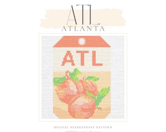May include: A digital needlepoint pattern featuring a peach design with the text "ATL ATLANTA". The design includes the letters "ATL" in red, with a peach graphic and green leaves. The pattern is on a light blue background.