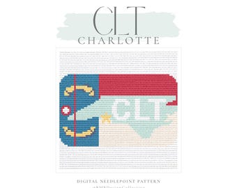 May include: Digital needlepoint pattern featuring a stylized design with the letters "CLT" in light blue, a red top, and a blue base. The word "Charlotte" is above the design.