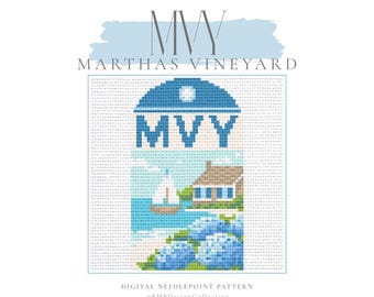 May include: A digital needlepoint pattern featuring a coastal scene with a house, sailboat, and blue hydrangeas. The design includes the text "MVY" and "MARTHAS VINEYARD" in blue. The pattern is by @BMBDesignCollective.