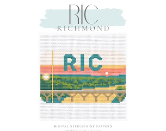 May include: A digital needlepoint pattern featuring the text RIC RICHMOND. The design displays a pixelated landscape with a bridge over water, green trees, and a sunset sky in shades of pink and orange. The pattern is set on a white grid background.