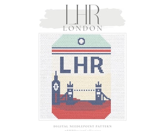 May include: A cross-stitch pattern featuring a London theme. The design includes the text "LHR LONDON" and a stylized image of the London skyline, including Big Ben and Tower Bridge, in red, blue, and beige. The words "LHR" are in large, bold letters.